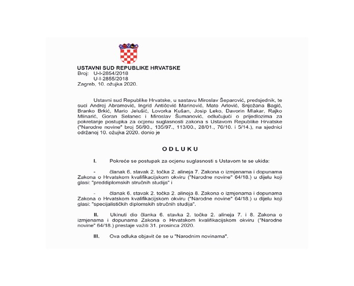 Ukinute odredbe Zakona o HKO-u koje su izjednačavale sveučilišne i stručne studije