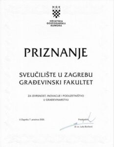 Građevinskom fakultetu dodijeljeno priznanje HGK za izvrsnost, inovacije i poduzetništvo u građevinarstvu