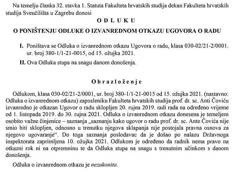 FHS: Poništena odluka o nezakonitom otkazu prof. Anti Čoviću