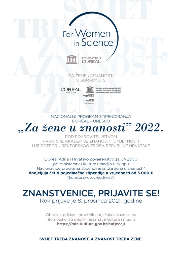 Otvoren natječaj za stipendije Nacionalnog programa stipendiranja L&#8217;Oréal – UNESCO „Za žene u znanosti“